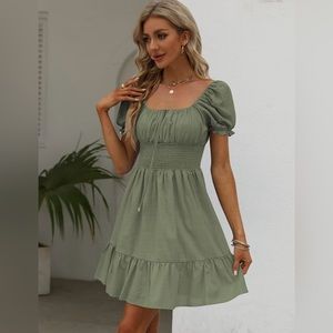 NWOT. Women's Square Neck Mini Dress Puff Sleeve Sundress A Line Casual